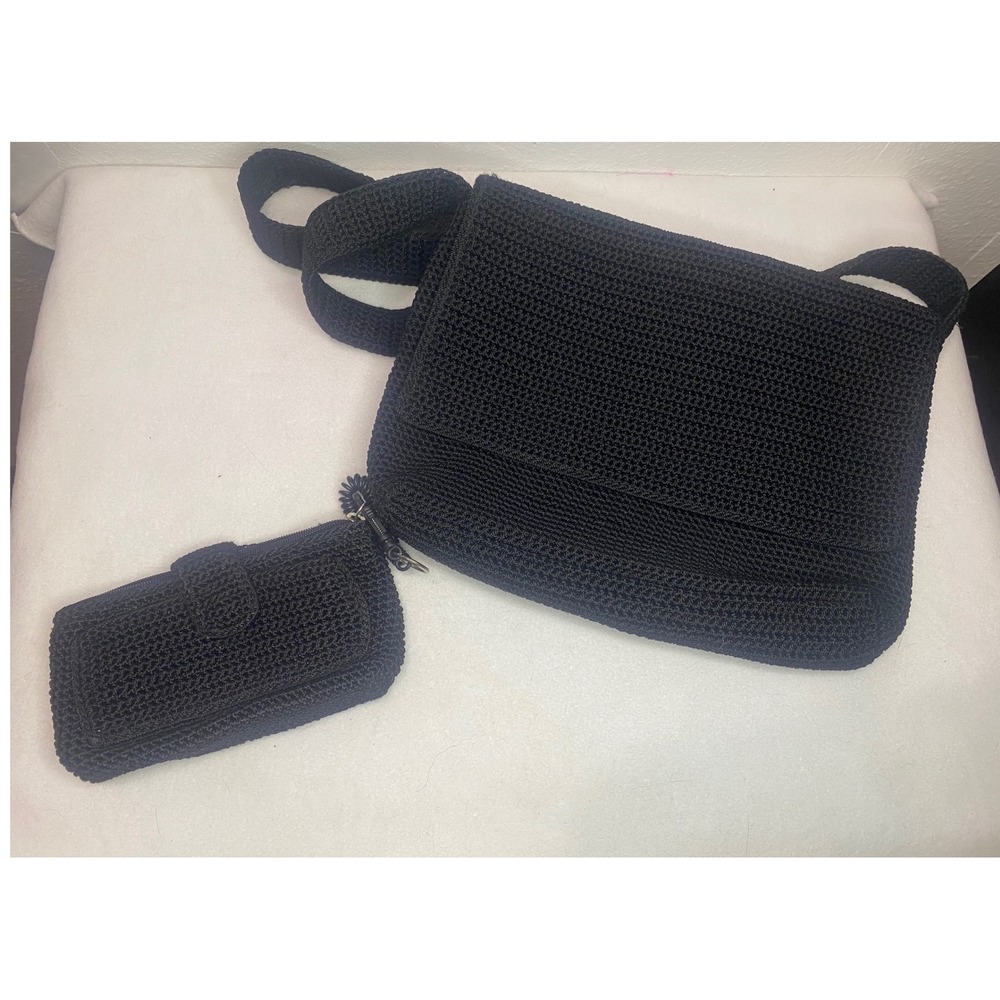 The Sak Black Crochet Knit Crossbody Bag Medium Flap Messenger Boho Y2K